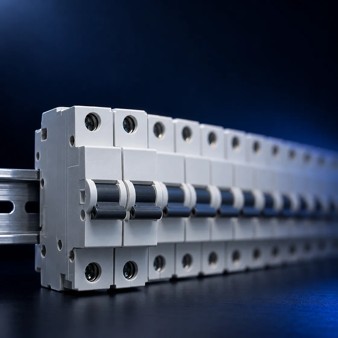 A long row of identical miniature circuit breakers running away from the camera
