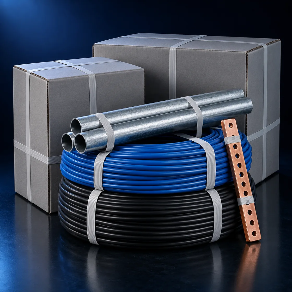 An order made up on a pallet: cartons, coils of cable, conduit and a copper earth bar