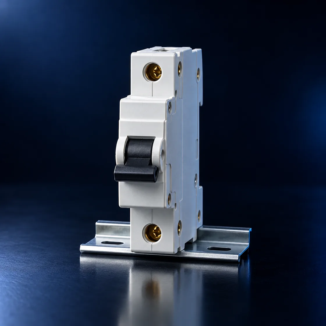 A single miniature circuit breaker on a short length of DIN rail